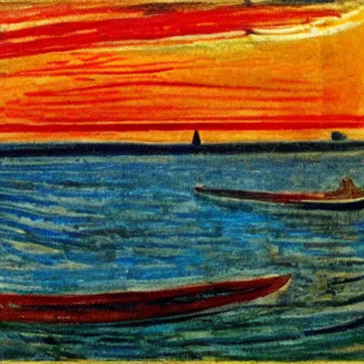Prompt: sunset with boat style of edvard munch