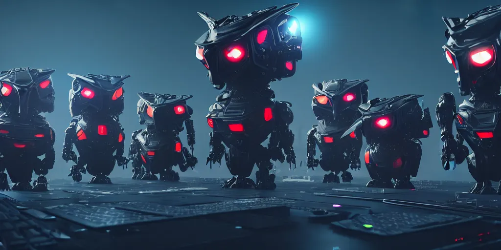 Prompt: an army of evil, malevolent, giant robot mechanical owls surrounded by computers and computer screens. this 4 k hd image is trending on artstation, featured on behance, well - rendered, extra crisp, features intricate detail and the style of unreal engine. volumetric lighting octane render