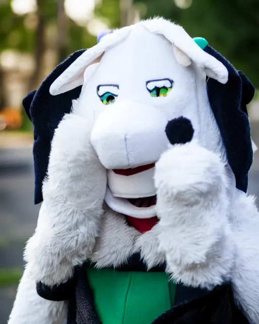 Image similar to portrait photo still of a young asriel dreemurr fursuit, 8 k, 8 5 mm f 1. 8