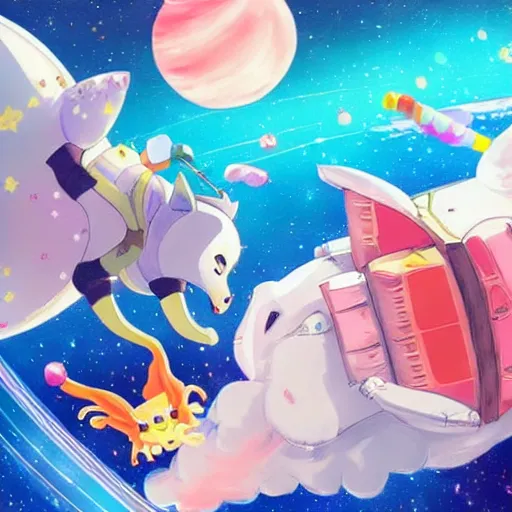 Image similar to Howl's Moving Candy Castle In Space With Flying Pigs, trending on pixiv