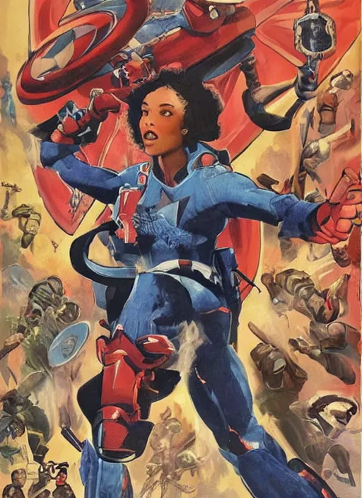 Image similar to beautiful black female captain america. afro - feminist captain america wins wwii. american wwii propaganda poster by james gurney, rob liefeld and pixar. gorgeous face. overwatch, realistic. black power