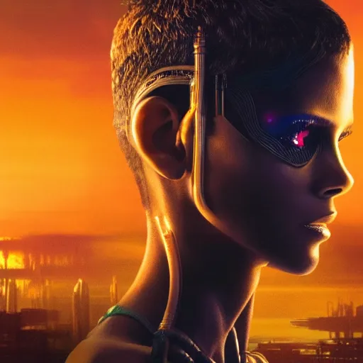 Prompt: beautiful Fine art photo of a young Halle Berry as a cyberpunk mayan robotic godess, photorealistic, centered, highly detailed, sunset lighting, in the movie Blade Runner 2049, 8k