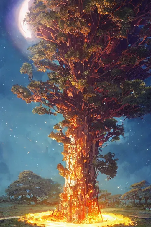 Prompt: a giant glimmering tree with a big trunk made of glass getting burned down, high intricate details, rule of thirds, golden ratio, cinematic light, 8 k, octane render, anime style, graphic novel by fiona staples and dustin nguyen, art by beaststars and orange, peter elson, alan bean, studio ghibli, makoto shinkai