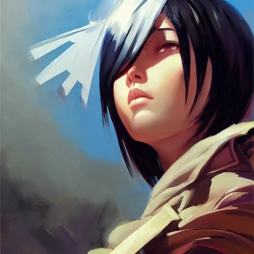 Image similar to greg manchess portrait painting of mikasa ackerman as overwatch character, medium shot, asymmetrical, profile picture, organic painting, sunny day, matte painting, bold shapes, hard edges, street art, trending on artstation, by huang guangjian and gil elvgren and sachin teng