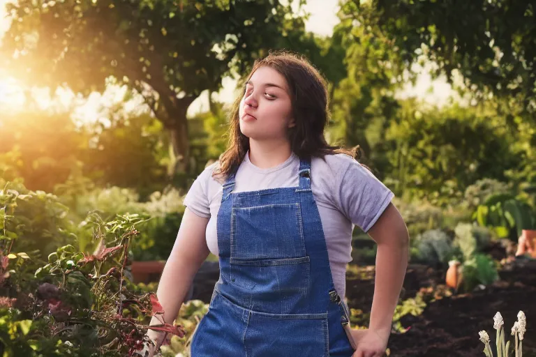 Prompt: a beautiful young brunette, slightly overweight, working in the garden at golden hour, dutch angle, 8k