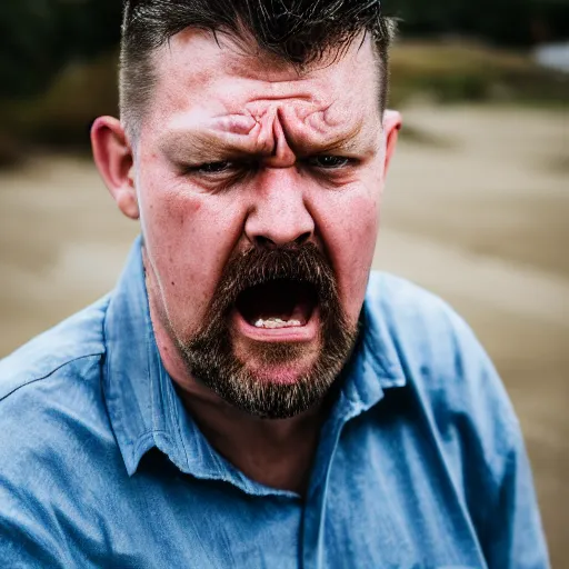 Prompt: a portrait of an angry bogan, canon eos r 3, f / 1. 4, iso 2 0 0, 1 / 1 6 0 s, 8 k, raw, unedited, symmetrical balance, in - frame