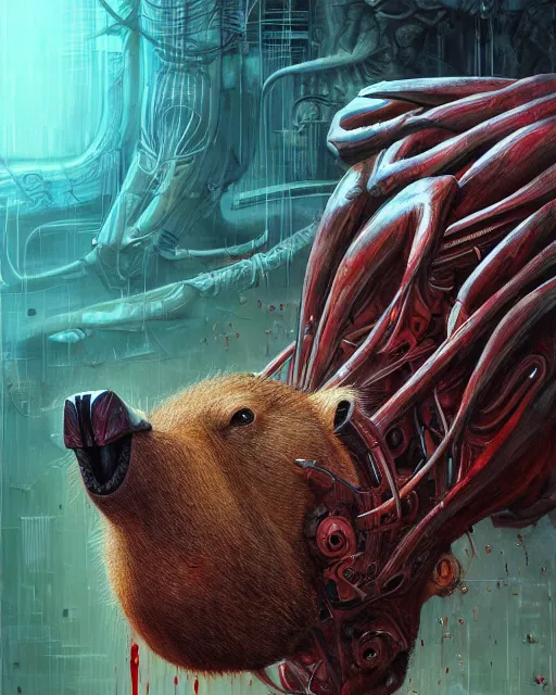 Image similar to bloody cyborg capybara, by antonio j. manzanedo, giger, alex grey, android jones, wayne barlowe, philippe druillet, raymond swanland, cyril rolando, josephine wall, harumi hironaka, trending on artstation