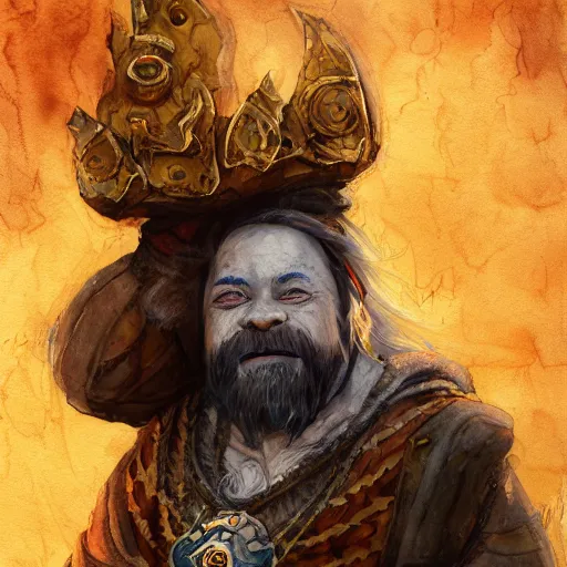 Image similar to dwarf shaman man, in love, happy, wearing blue and brown medieval robe, WLOP, artgerm, Jason Chan, Charlie Bowater, Sergey Kolesov, medieval, fantasy d&d, watercolor on paper, hyper detail portrait, closeup on face, dark pastel castle background