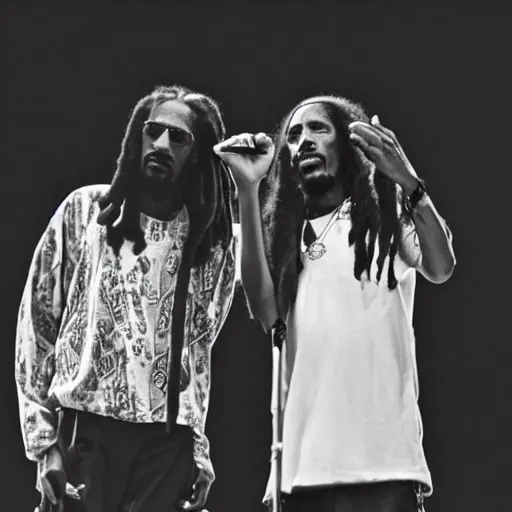 Prompt: a dramatic photograph of snoop dog and bob marley in concert in an infinite universe of mystical light, ground haze, dramatic lighting, filmic, cinematographic, sci - fi