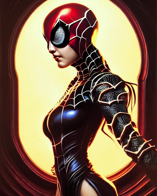 Image similar to portrait of spiderwoman, intricate ornate details, fantasy, elegant, highly detailed, digital painting, artstation, concept art, smooth, sharp focus, illustration, artbook, splash art, promo art, soul calibur, league of legends, art by artgerm and greg rutkowski and bo chen and jin xiaodi