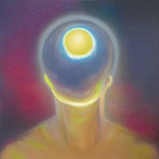 Prompt: An orb of light oribiting around a mans head, oil on canvas painting, pastel colours