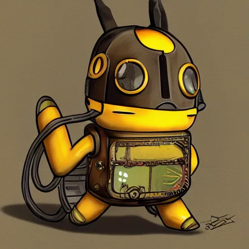 Prompt: pikachu steampunk version, robot style, illustration, highdetailed, matte, concept art