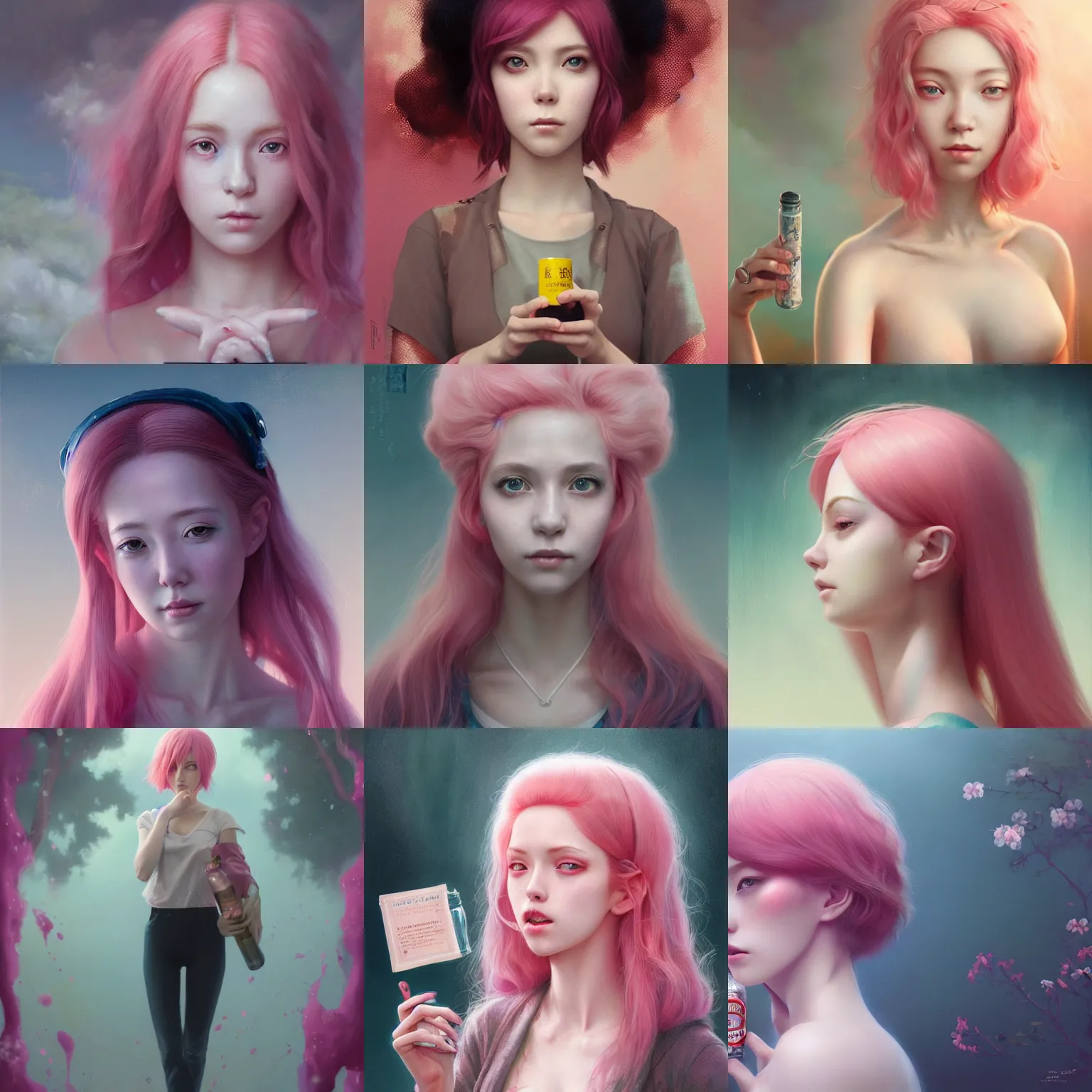 Prompt: a beautiful hyper realistic detailed portrait of a gentle and nice women with pink hair and a bottle of acid in her hand, by tom bagshaw, makoto shinkai and bayard wu, anime, featured on artstation