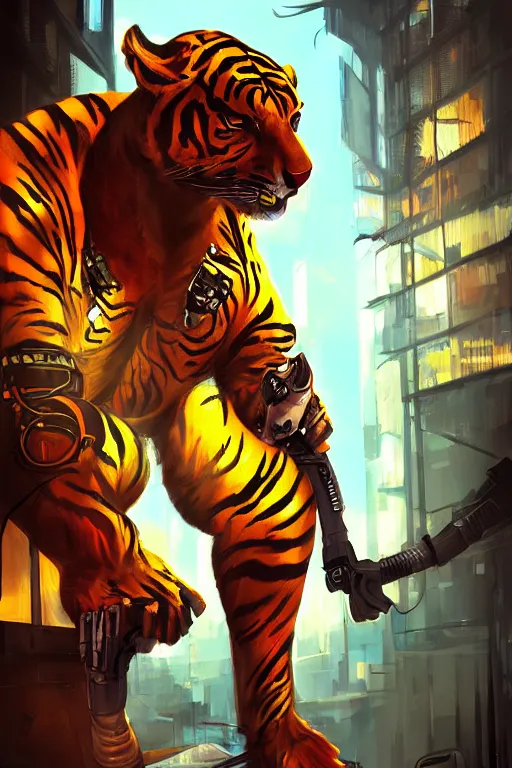 Image similar to an anthropomorphic cyberpunk tiger, backlighting, trending on artstation, digital art, furry art, trending on furaffinity, fantasy art, by kawacy