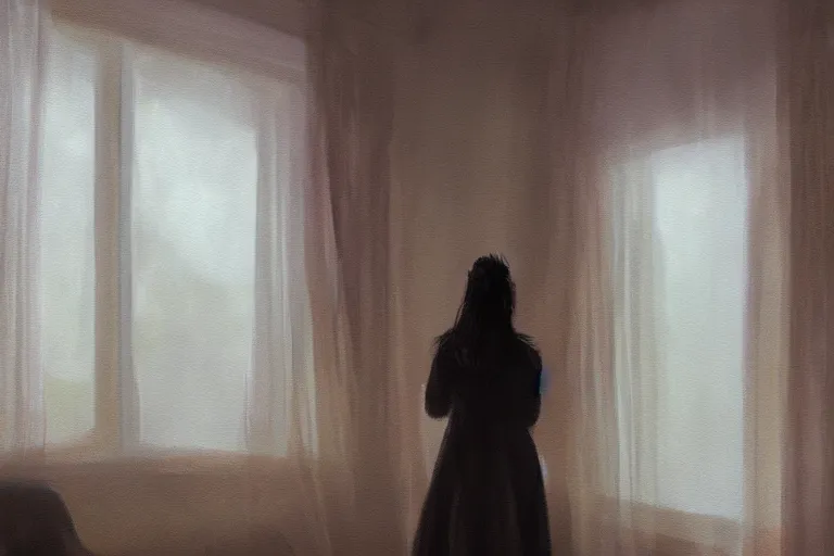 Prompt: a painting of a woman staring out a foggy window in a suburban home by jama jurabaev, cinematic shot, trending on artstation, high quality, ultra realistic