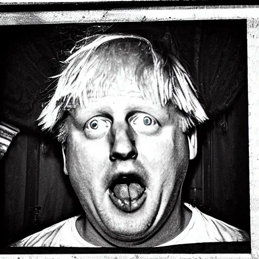 Image similar to photo of the inside of a dark old rainy bedroom window at night, dimly lit creepy | screaming face of boris johnson staring in and pressing his face against the window and his bloody hands pressed against the window, horror, scary face, demonic face,