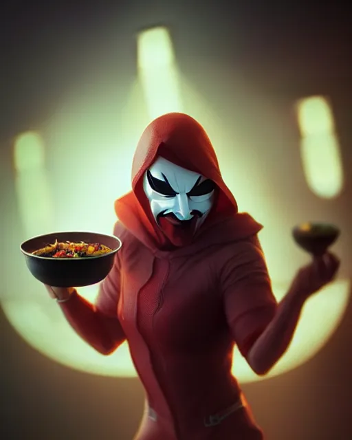 Image similar to movie still macro close photo of anonymous holding stirfry to face, by weta disney pixar greg rutkowski wlop ilya kuvshinov rossdraws artgerm octane render iridescent, bright morning, liosh, mucha