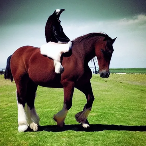 Image similar to horse, clydesdale horse, the penguin is riding on the horse's back