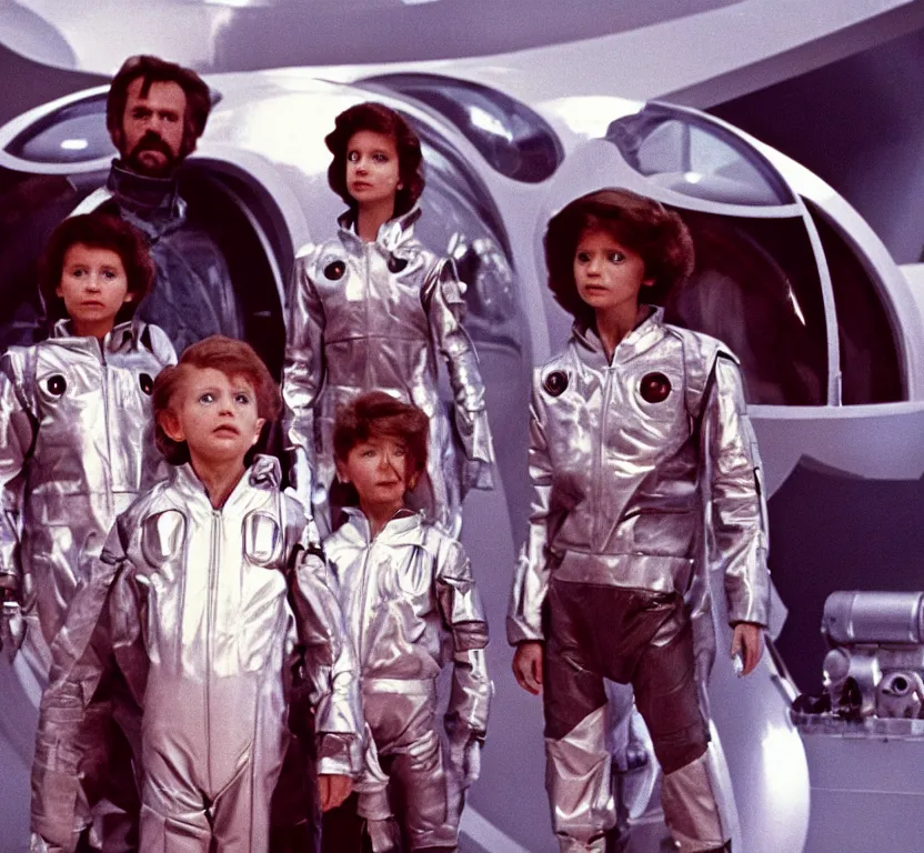 Image similar to sharp, highly detailed, film from a sci fi movie, set in 1 9 8 4, a family standing in front of their spaceship that has just landed on an alien planet, all wearing 1 9 8 4 clothes, atmospheric lighting, in focus, reflective eyes, 3 5 mm macro lens, live action, nice composition