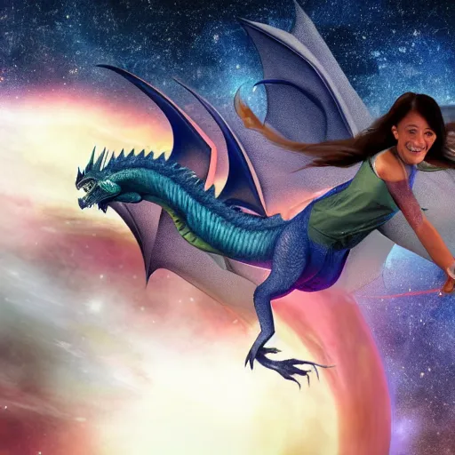 Image similar to Kayla riding a dragon through space