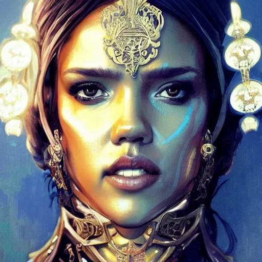 Image similar to jessica alba as queen, incredibly detailed face, wearing toga. true anatomy, symmetry, true anatomy, art by artgerm and greg rutkowski and alphonse mucha