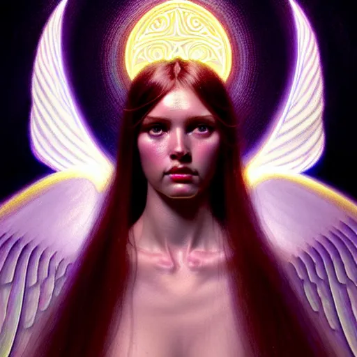 Image similar to tron angel, innocent face, psychedelic lsd, diffuse lighting, hyper realistic, elegant, intricate, hyper detailed, smooth, sharp focus, concept art, illustration, trending on artstation, art by john collier, artem demura, greg rutkowski, james gurney, and alphonse mucha