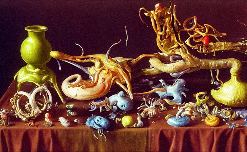 Prompt: disturbing colorful oil painting dutch golden age vanitas still life with bizarre objects strange gooey surfaces shiny metal bizarre insects tongue tendril teeth eyes rachel ruysch dali todd schorr very detailed perfect composition rule of thirds masterpiece canon 5 0 mm, cinematic lighting, photography, retro, film, kodachrome