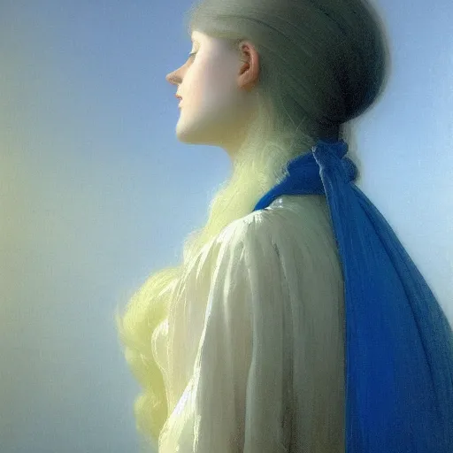 Prompt: a young woman's face, her hair is white and she wears a cobalt blue satin cloak, by ivan aivazovsky and syd mead and moebius and gaston bussiere and roger dean and pieter claesz and paul delaroche and alma tadema and aelbert cuyp and jean giraud, hyperrealistic, volumetric light, octane render