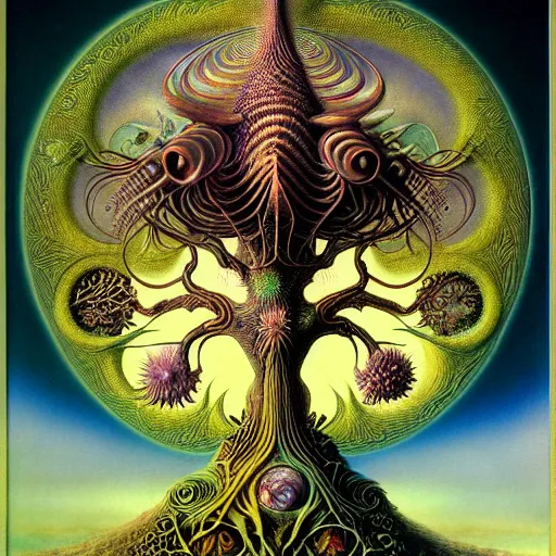 Image similar to divine chaos engine by roger dean and andrew ferez, tree of life, symbolist, visionary, detailed, realistic, surreality, art forms of nature by ernst haeckel, deep rich moody colors, botanical fractal structures