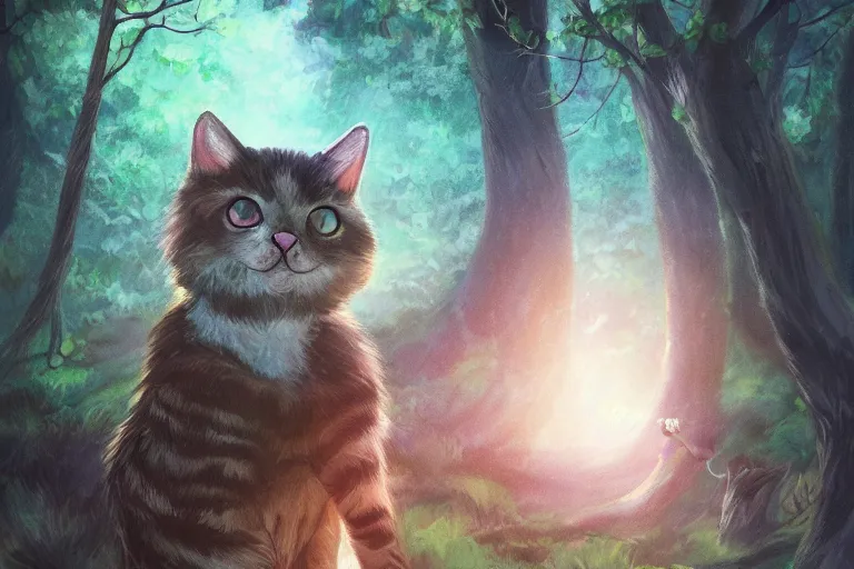 Prompt: cat in the forest, warm backlighting, digital art, trending on artstation, fanart, by kawacy