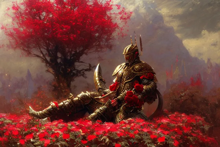 Prompt: winter, a male warrior wearing armor relaxing under a world tree with red flowers, ground covered with snow, extreme long shot, fantasy, painting by gaston bussiere, craig mullins, j. c. leyendecker, trending on artstation