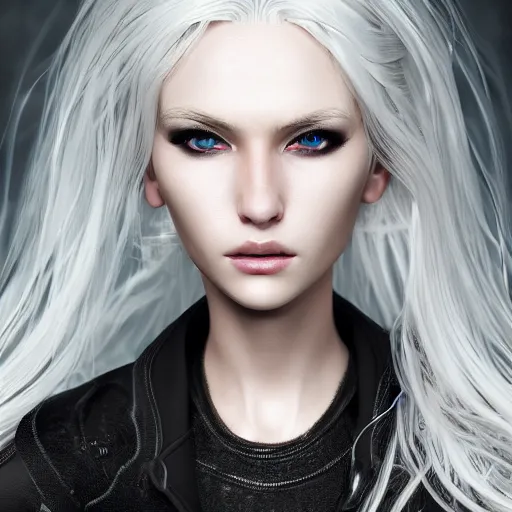 Image similar to highly detailed portrait of beautiful white haired android female, wearing a black jacket, very beautiful face, very detailed eyes, intricate, cgsociety, cinematic studio lighting