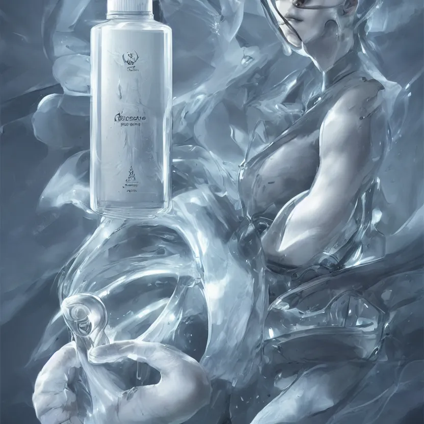 Image similar to concept art of white dietary supplement designed by porsche in a transparent bottle with big black sticker on it, by aenaluck, artgerm and roberto ferri and greg rutkowski, light blue and white tones, digital painting, artstation, concept art, smooth, sharp foccus ilustration hq