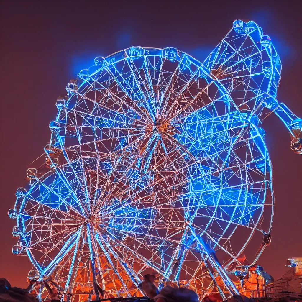 Prompt: Four-dimensional Ferris Wheel, space carnival, concept art, trending on Artstation, high definition, dramatic contrast, 8K, detailed, light bloom bokeh, blue hour