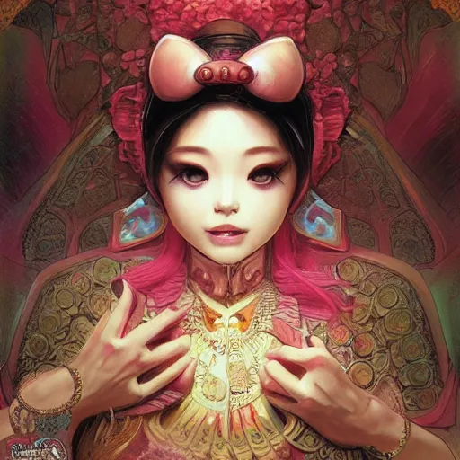 Image similar to portrait of Hello Kitty in ancient Java, D&D, MtG art,fantasy, intricate, elegant, highly detailed, digital painting, artstation, concept art, smooth, sharp focus, illustration, art by artgerm and greg rutkowski and alphonse mucha