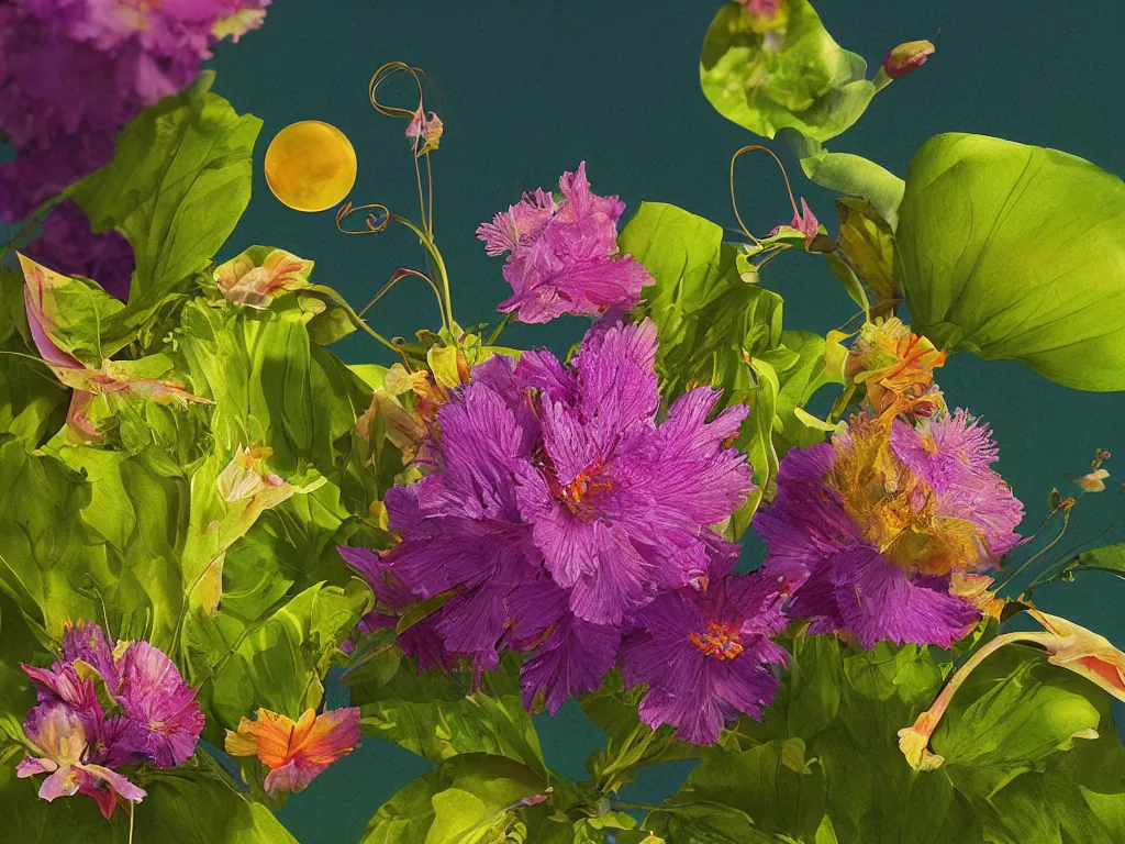 Image similar to sunlight study, kauai wildflower undergrowth within the orb, art nouveau, by maria sibylla merian and ( ( ( ( ( lisa frank ) ) ) ) ), 8 k, sharp focus, octane render