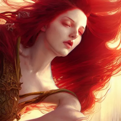 Image similar to a red haired goddess hanging upside down, long hair billowing down, intricate, elegant, highly detailed, digital painting, artstation, concept art, matte, sharp focus, illustration, in the style of magic the gathering, art by artgerm and greg rutkowski and alphonse mucha