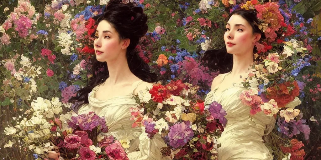 Prompt: portrait of a beautiful mysterious woman holding a bouquet of flowing flowers, hands hidden under the bouquet, large vases filled with flowers in the background, fantasy, regal, intricate, by stanley artgerm lau, greg rutkowski, thomas kindkade, alphonse mucha, loish, norman rockwell