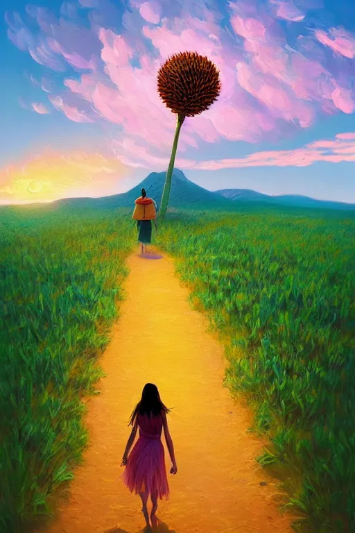 Image similar to giant corn flower head, girl walking in the desert, surreal photography, sunrise, dramatic light, impressionist painting, colorful clouds, digital painting, artstation, simon stalenhag