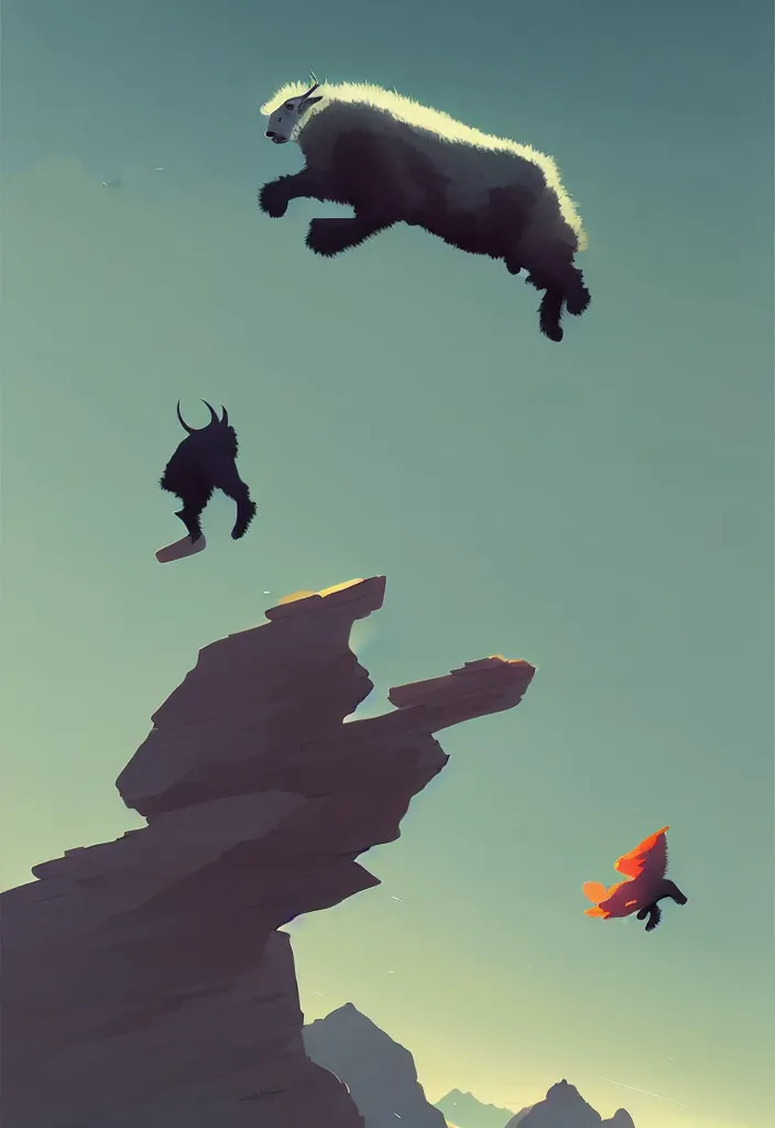 Prompt: by moebius and atey ghailan | a mountain goat flying an impossible distance through the air between two peaks |
