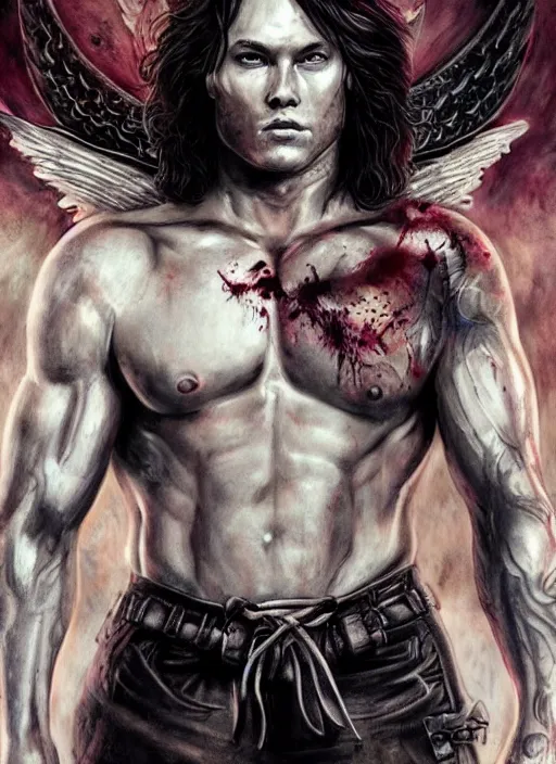 Prompt: Sam Winchester as a muscular angel with religious tattoos on chest and neck, stained and bleeding, magic overlays, urban fantasy book cover style, D&D dark fantasy style, sharp focus, ultra detailed, art by Artgerm and Peter Andrew Jones, Ayami Kojima, Amano and Olivier Ledroit