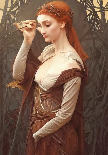 Prompt: sansa witch, intricate, elegant, highly detailed, digital painting, artstation, concept art, smooth, sharp focus, illustration, art by artgerm and greg rutkowski and alphonse mucha and william - adolphe bouguereau