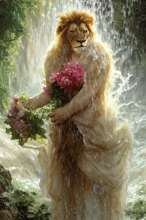 Image similar to portrait male anthro lion character wearing a white cloak, holding a bouquet of flowing flowers, water drenched body, wet dripping hair, emerging from the water, fantasy, regal, fractal crystal, fractal gems, by stanley artgerm lau, thomas kindkade, alphonse mucha, loish, norman rockwell