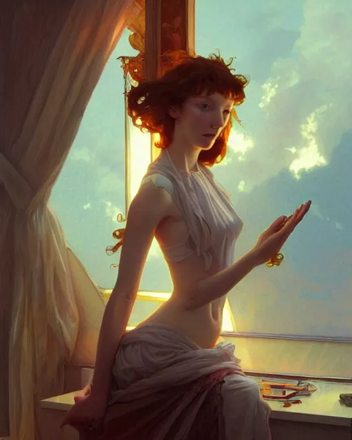 Image similar to eleanor tomlinson, vaporwave, bedroom, highly detailed, digital painting, artstation, concept art, smooth, sharp focus, illustration, art by artgerm and greg rutkowski and alphonse mucha