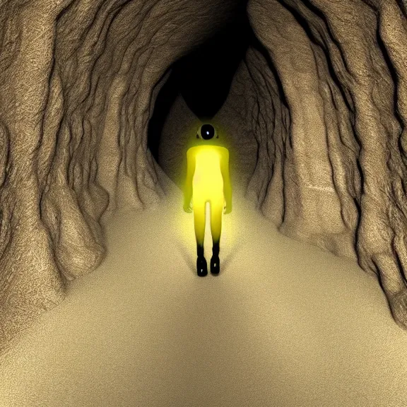 Image similar to portrait of a humanoid alien walking trough a beautiful cave