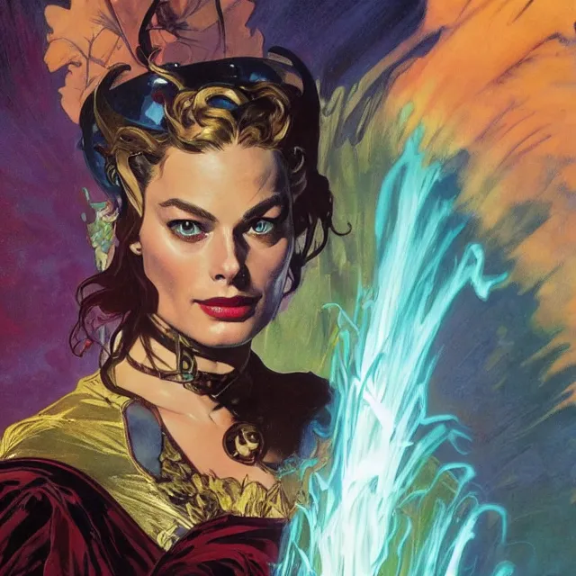 Image similar to an aesthetic!, detailed portrait of margot robbie dressed as a superhero for marvel studios, action movie still, by frank frazetta and alphonse mucha, oil on canvas, bright colors, art nouveau, epic composition, dungeons & dragons, fantasy art, hd, god - rays, ray - tracing, crisp contour - lines, huhd - 8 k