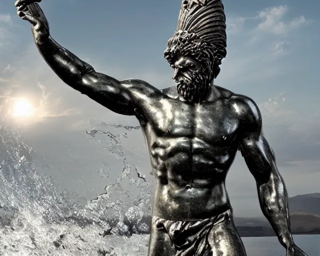 Image similar to a giant abstract sculpture of a legendary greek warrior god on the water, in the style of thomas schutte, award winning, cinematic, hyper - realistic, very detailed, realistic water splashes, ray tracing, 8 k resolution, long - shot, sharp focus, low angle, 8 5 mm photograph, wide lens