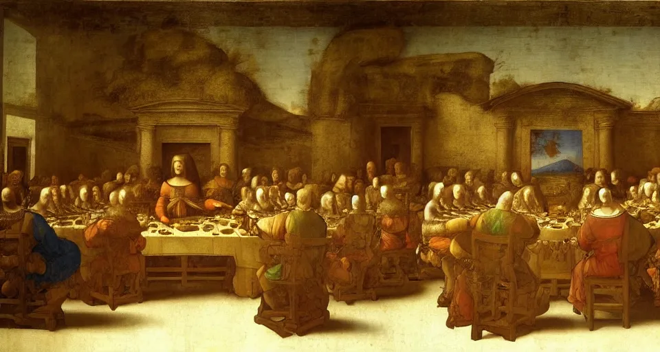 Prompt: painting of the final dinner, leonardo da vinci