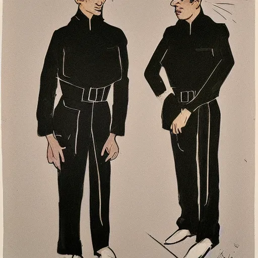 Image similar to art of a portrait by marc davis, a man in his thirties, mix between french, turkish and russian, short black hair with bangs, very tall and slender, wearing a retro - futuristic beige and black utilitarian jumpsuit.