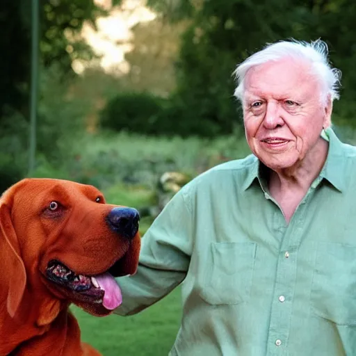 Image similar to Sir David Attenborough with Clifford the Big Red Dog